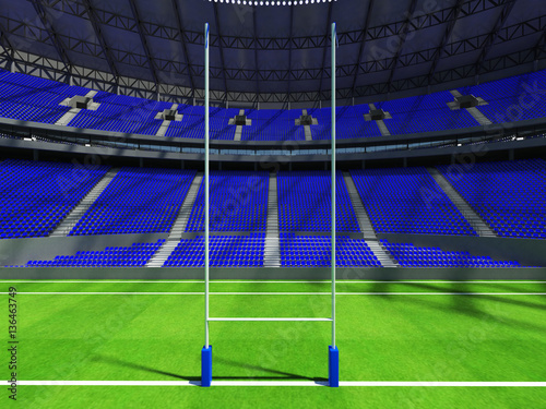 3D render of a round rugby stadium with blue seats and VIP boxes