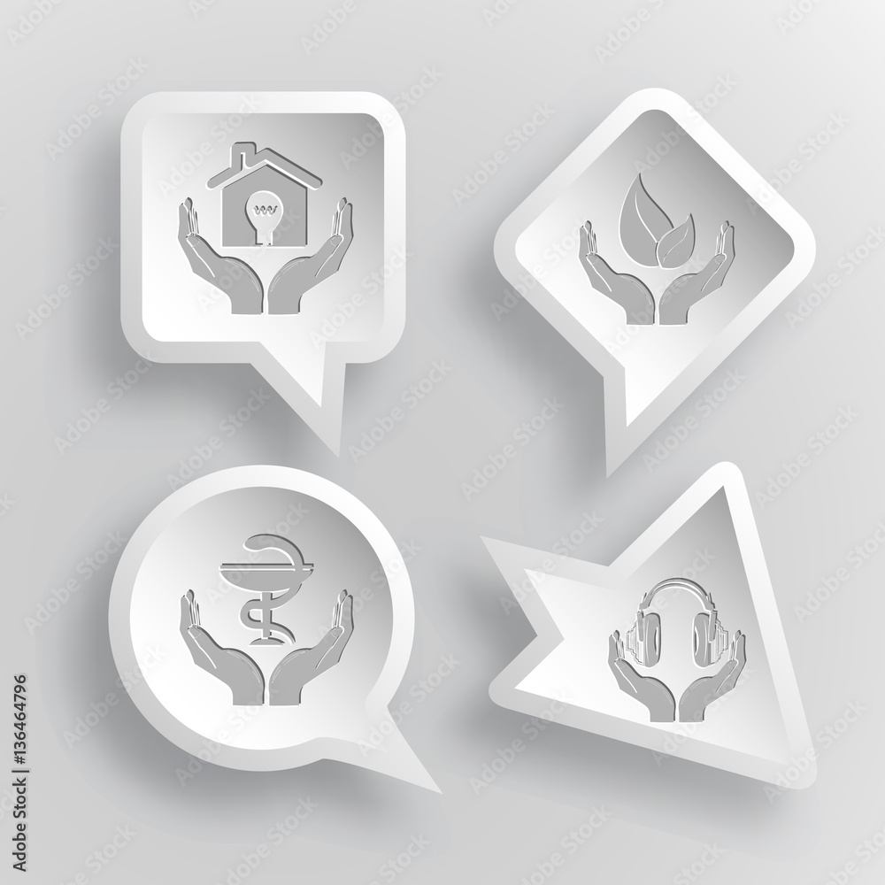 4 images: economy in hands, life in hands, pharma symbol in hand