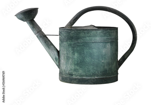 Green tarnished galvanized watering can isolated on white