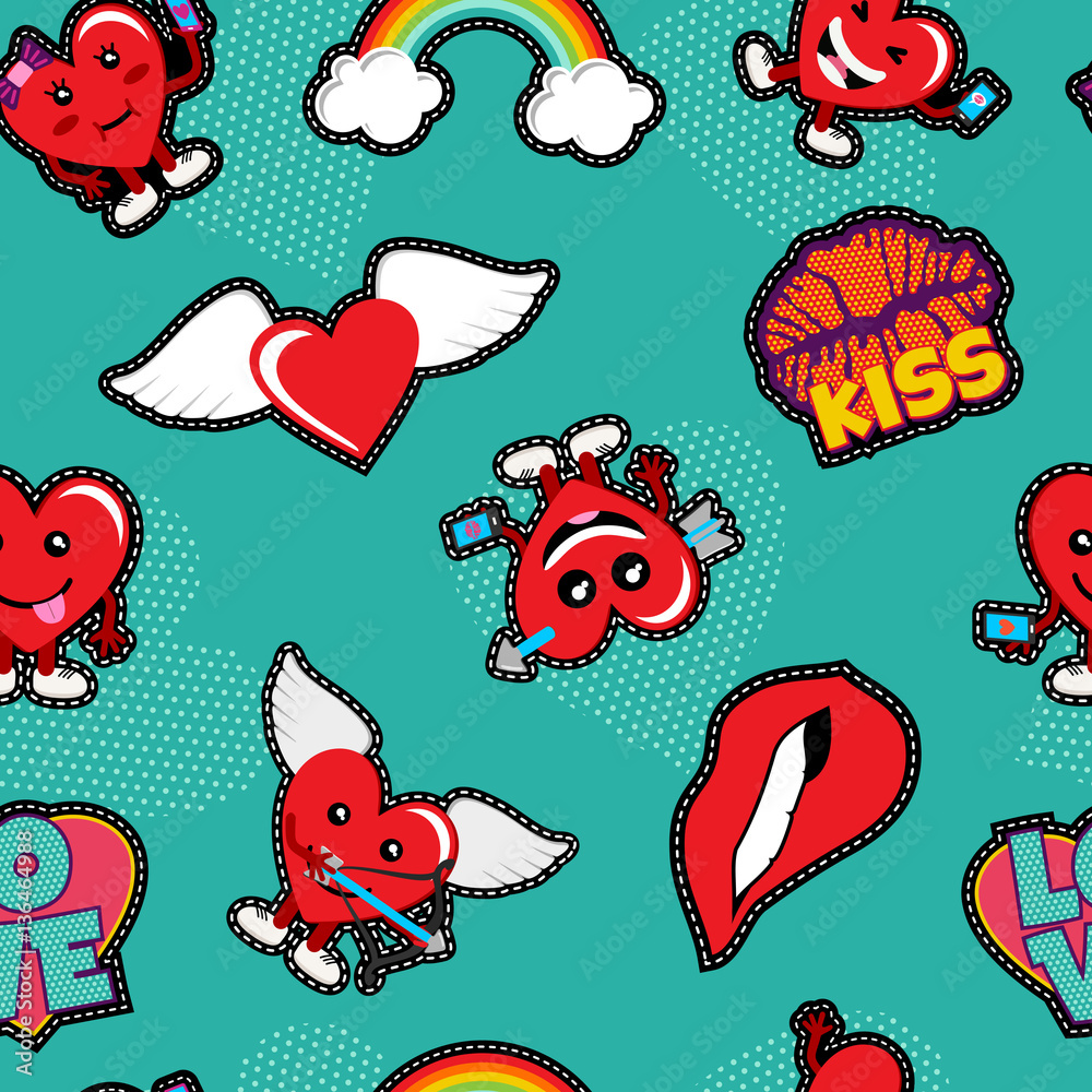 Fototapeta premium Valentines day love patch icon seamless pattern