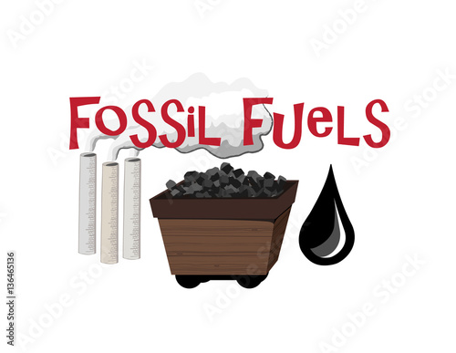 Vector image of an old fashioned coal cart, oil drop, chimneys and the words Fossil Fuels