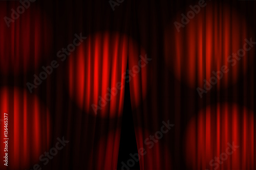 Opening stage curtains with bright projectors. Vector illustration