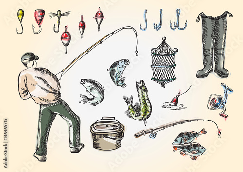 Fisherman and fishing set. Color