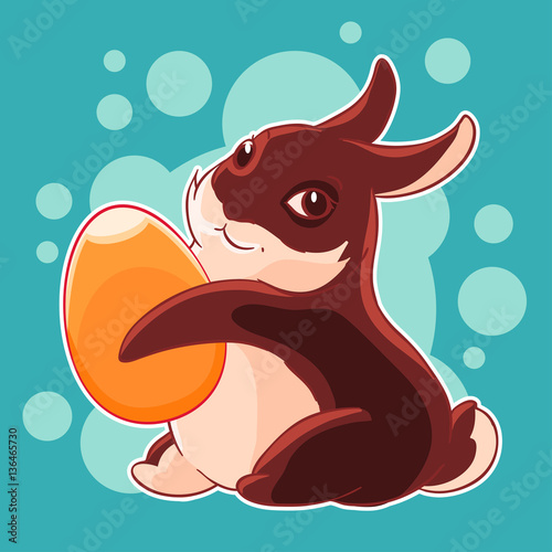 Chocolate Easter Bunny with egg in his paws. Hunting. Spring holiday. Vector illustration