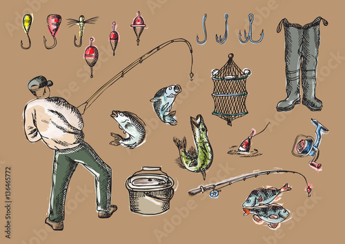Fisherman and fishing. Colour set against a dark background
