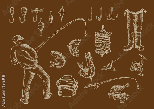 Fisherman and fishing. Outline set