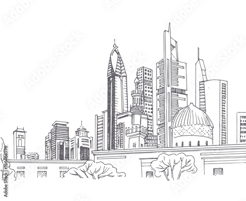 flat graphic vector illustration landscape with skyscrapers Dubai