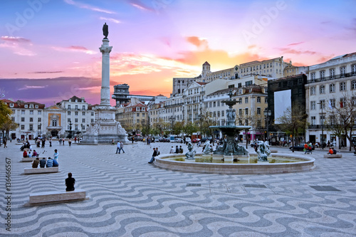 Rossio square in Lisbon Portugal at sunset photo