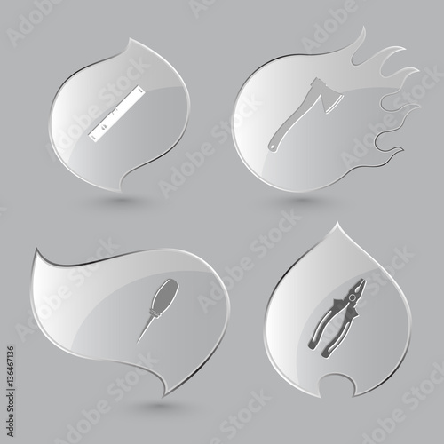 4 images: spirit level, axe, awl, pliers. Angularly set. Glass b