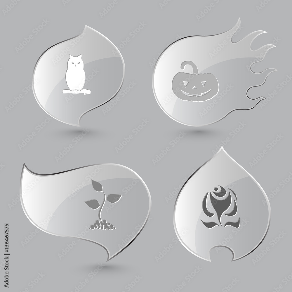 4 images: owl, pumpkin, sprout, rose. Nature set. Glass buttons 4 images: owl, pumpkin, sprout, rose. Nature set. Glass buttons