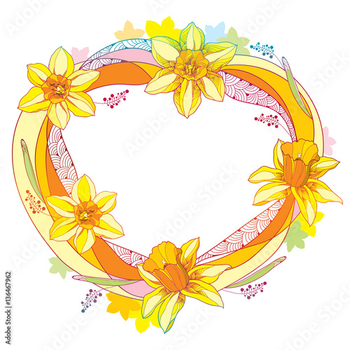 Vector round frame with outline narcissus or daffodil flower and leaves in orange and yellow isolated on white background. Ornate floral elements for spring design and greeting card in contour style.