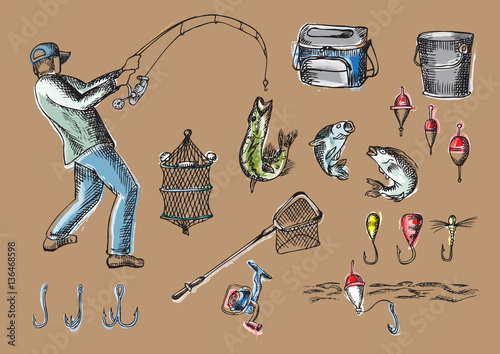 Fishing.  Colour set against a dark background