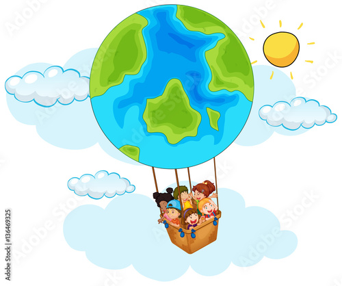 Happy children riding balloon with earth pattern in sky