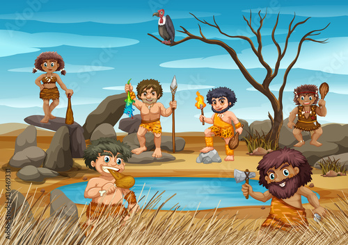 Cavemen living by the pond
