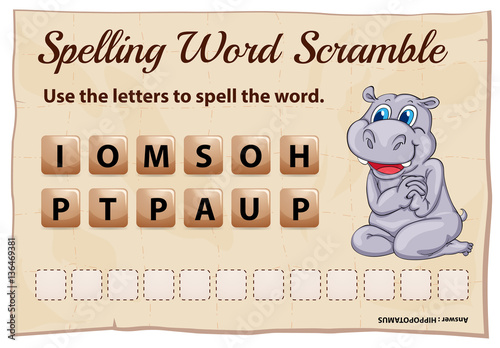 Spelling word scramble game template with word hippopotamus