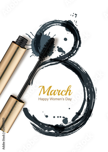 8 March vector greeting card, International Women's Day. Mascara and watercolor number eight, isolated on white background. Concept for holiday banner, poster, background with place for text.
