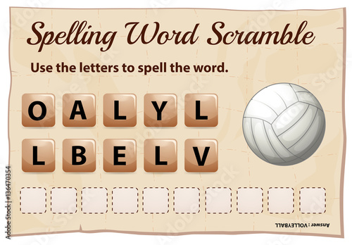 Spelling word scramble game template with word volleyball