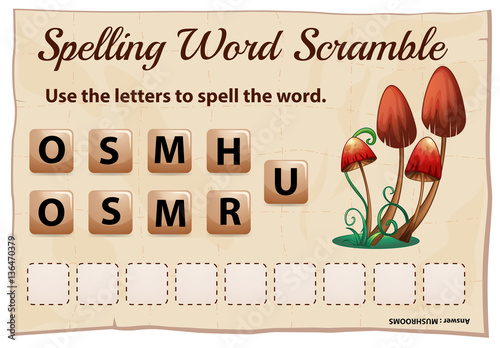 Spelling word scramble for word mushroom