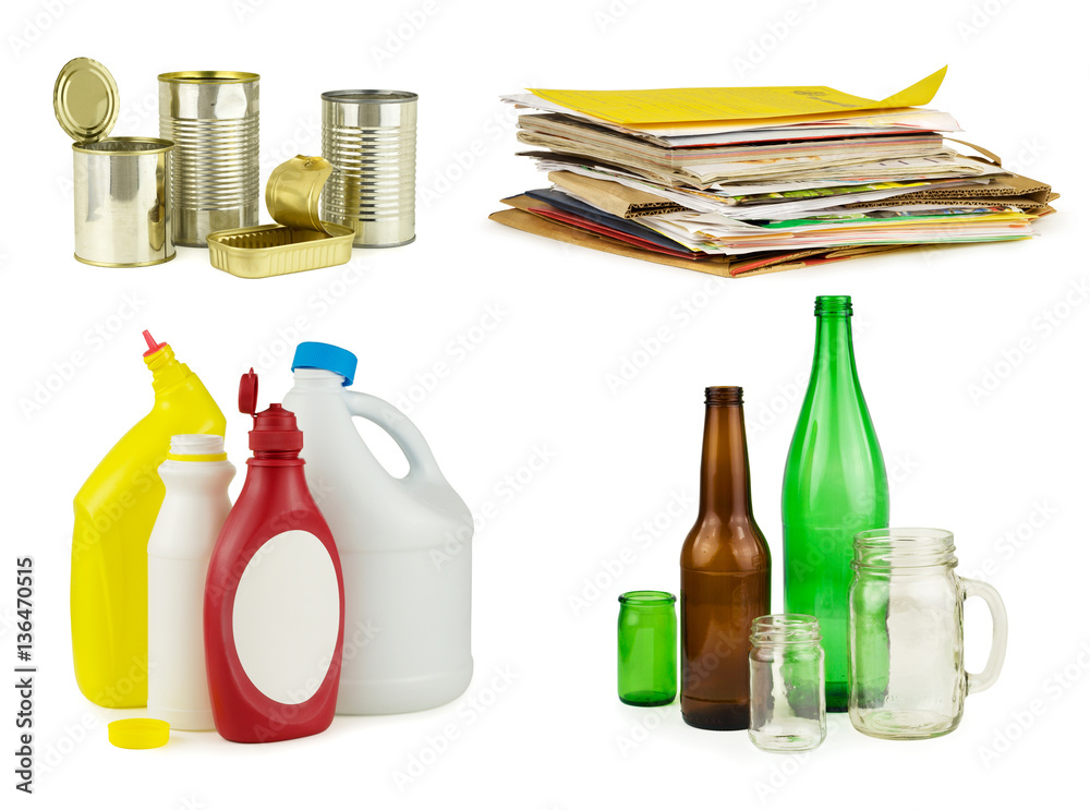 Four groups of household recyclable items: metal, paper, plastics, and glass.  Pure white background. Stock Photo | Adobe Stock