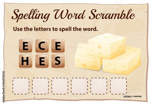 Spelling word scramble game template with word cheese