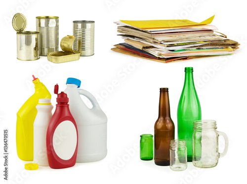 Four groups of household recyclable items: metal, paper, plastics, and glass. Pure white background.