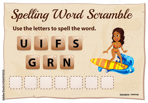 Spelling word scramble game template with surfing