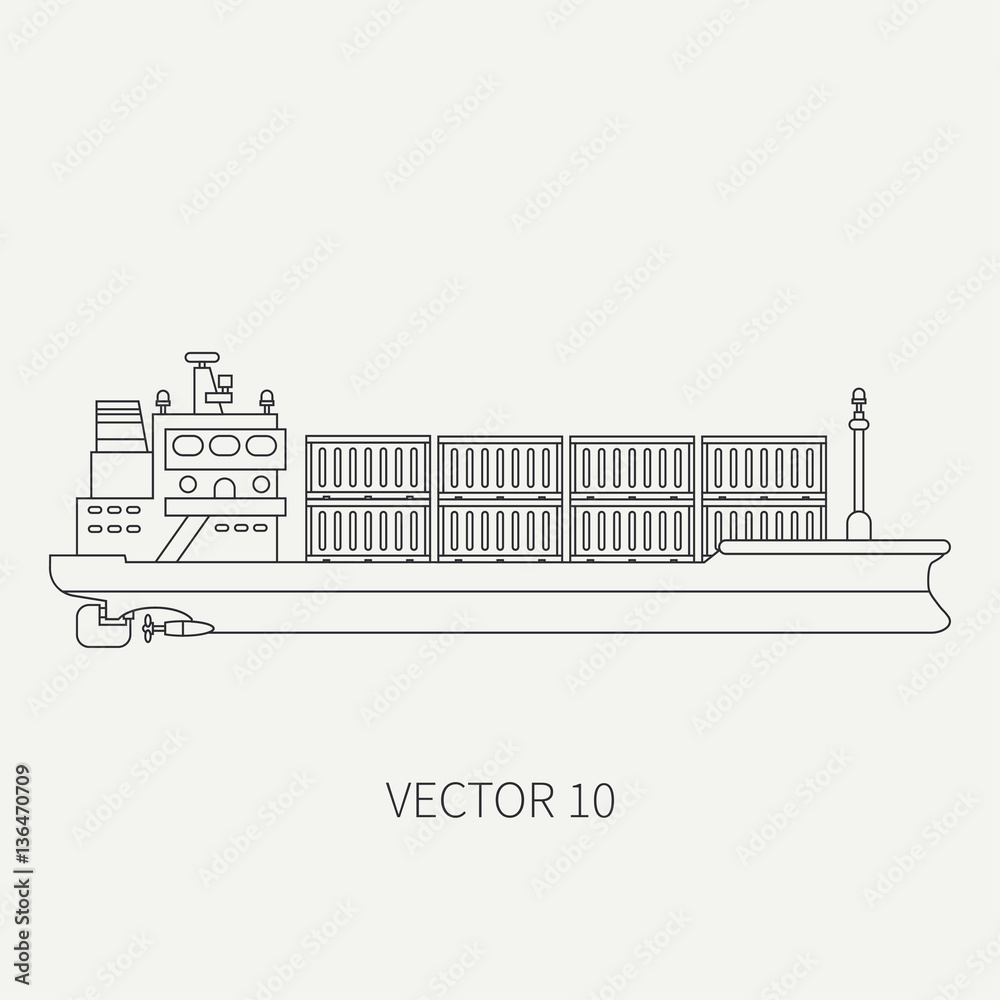 Line flat vector retro icon container cargo ship. Merchant fleet. Cartoon vintage style. Ocean. Sea. Barge. Comercial. Transportation. Captain. Sail. Simple. Illustration and element for your design.