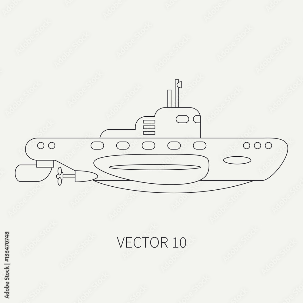 Line flat vector retro icon naval submarine. Dreadnought warship. Cartoon vintage style. War. Navy. Ocean. Sea. Torpedo. Armor. Squadron. Captain. Simple. Illustration and element for your design. Line flat vector retro icon naval submarine. Dreadnought warship. Cartoon vintage style. War. Navy. Ocean. Sea. Torpedo. Armor. Squadron. Captain. Simple. Illustration and element for your design.