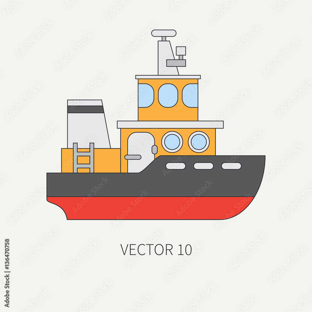 Line flat vector color icon comercial tugboat. Merchant fleet. Cartoon