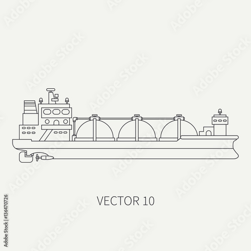 Line flat vector retro icon ocean tanker ship. Merchant fleet. Cartoon vintage style. Oil, gas. Sea. Barge. Comercial. Transportation. Captain. Sail. Simple. Illustration and element for your design.
