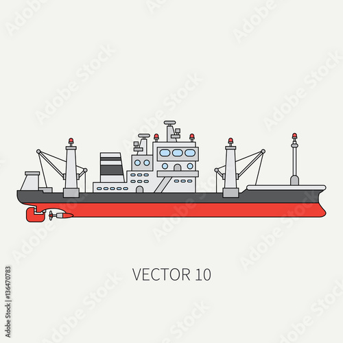 Line flat vector color icon comercial trawler ship. Fishing fleet. Cartoon style. Ocean. Sea. Refrigerator. Seafood. Industrial. Marine preserves. Captain. Sail. Illustration and element for design.