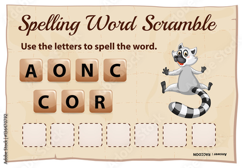Spelling word scramble game template with word raccoon