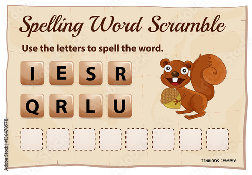 Spelling word scramble game template with squirrel