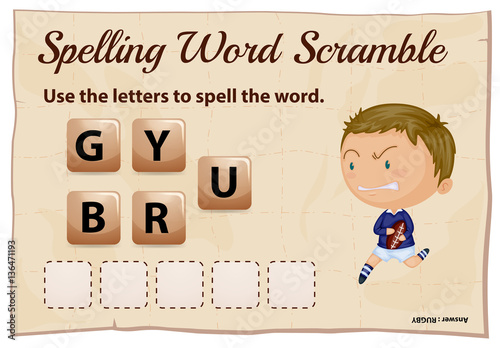 Spelling word scramble game template with rugby