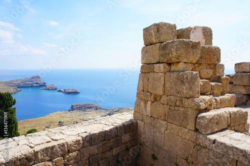 Ruins of Fort in Lindos, Rhodos island, Greece view from top 