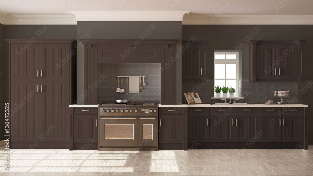 Classic kitchen, scandinavian minimal interior design with woode Classic kitchen, scandinavian minimal interior design with woode