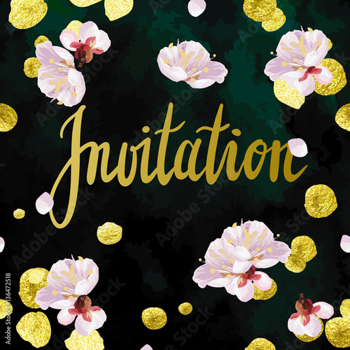 Trendy vector invitation template. Watercolor paint textured petals background. Glittering gold, fresh flowers and emerald green velvet textures.