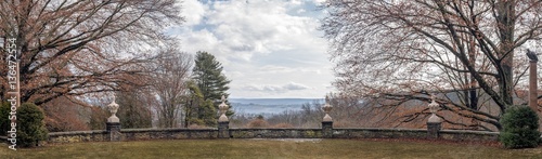 Panoramic view from a landscaped terrace at Grey Towers National Historic Site in Milford, Pennsylvania, looking southwest toward New Jersey on a mild winter day