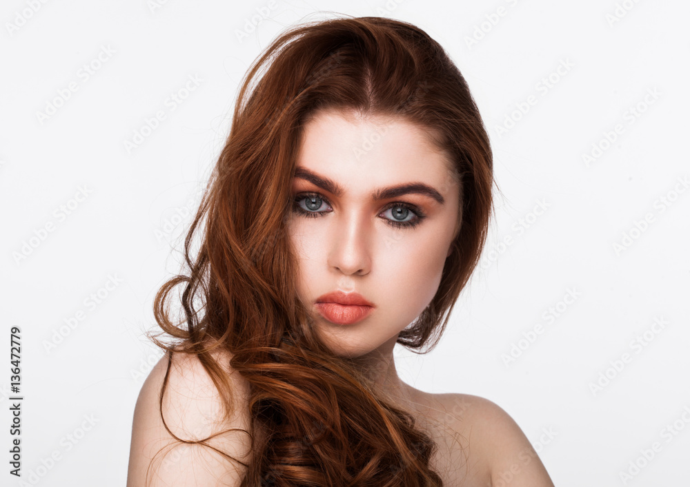 Ginger red long hair.Beauty portrait red lips Ginger red long hair.Beauty portrait red lips