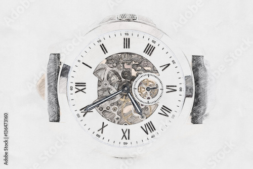Mechanical Watch Concept Sketch With Visible Mechanism