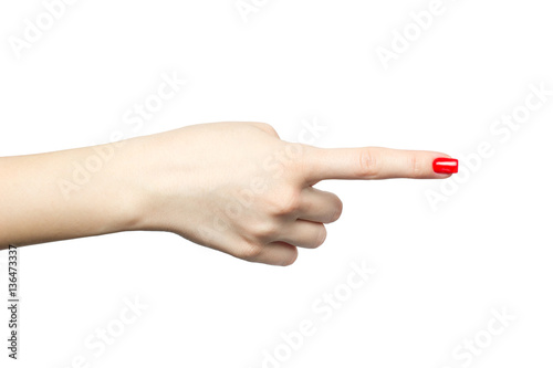 Woman hand finger pointing isolated on white background
