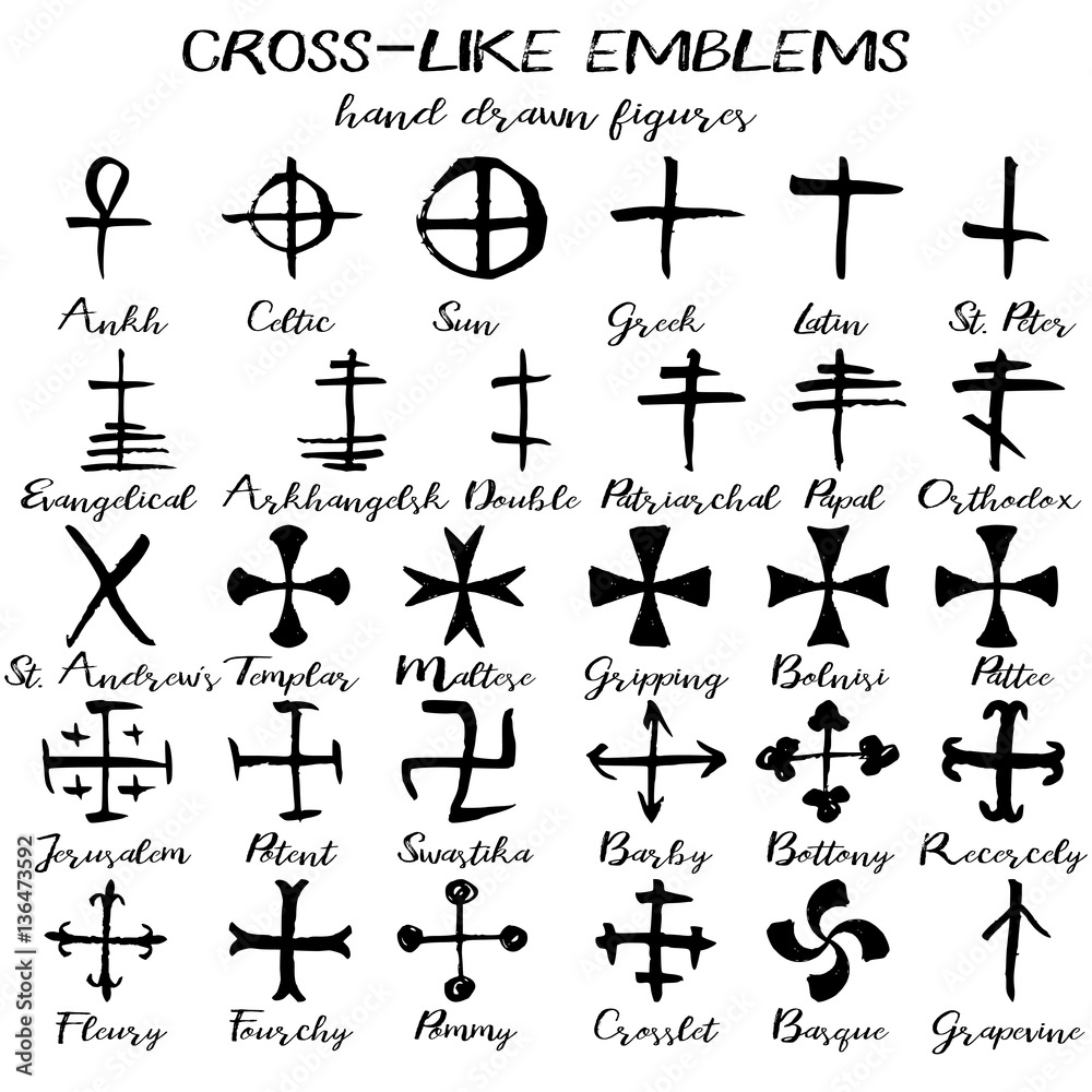 Hand drawn cross like emblems, written grunge crosses with their names on white background. Vector illustration