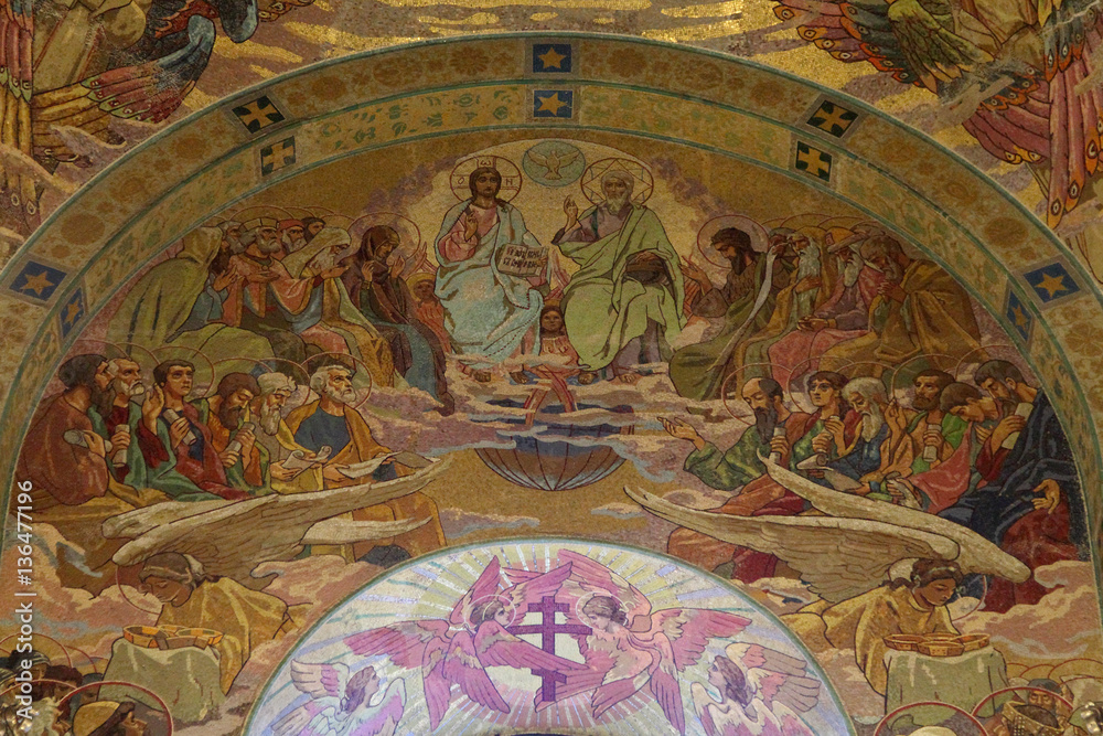 Mosaic pictures on the walls of the Church of the Savior on Bloo