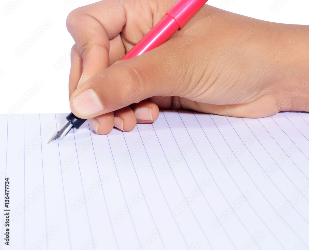Hand writing with pen isolated on white background Hand writing with pen isolated on white background