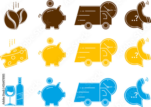 Set of Icons in colour. Fast delivery, support, call-center, saving, economy, coffee beans, cheese, wine, food. Commercial and sale. Food shop.