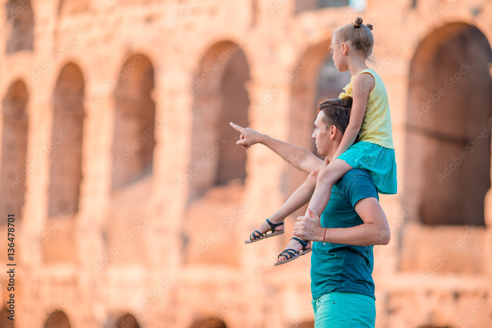 Family in Europe. Happy father and little adorable girl in Rome during summer italian vacation