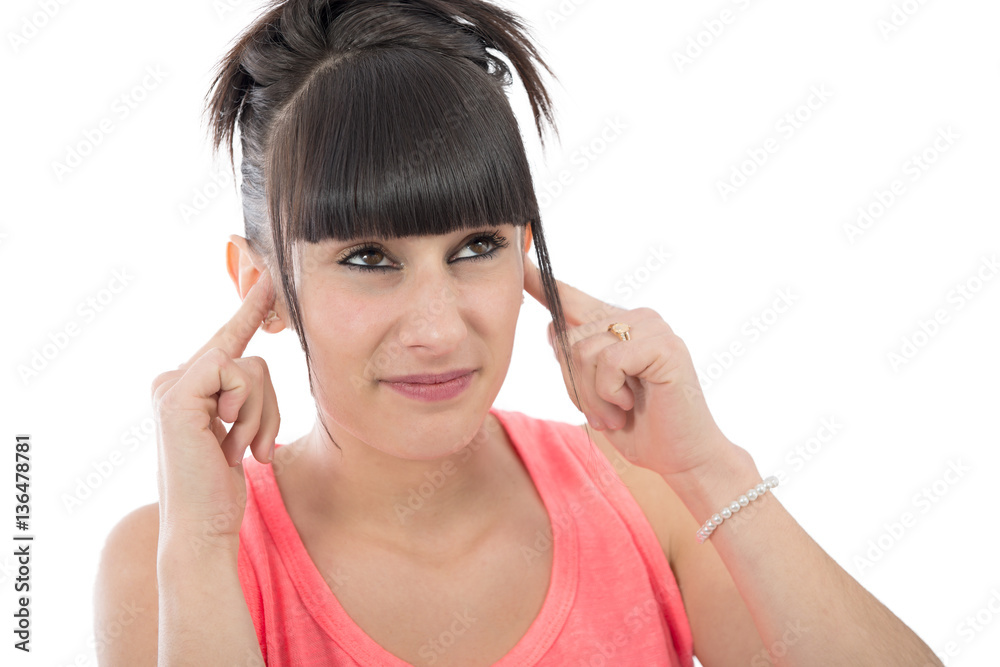 Brunette with a earache on white background Brunette with a earache on white background