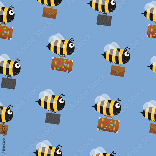 Flying bees with travel bag and briefcases. Vector seamless pattern background.
