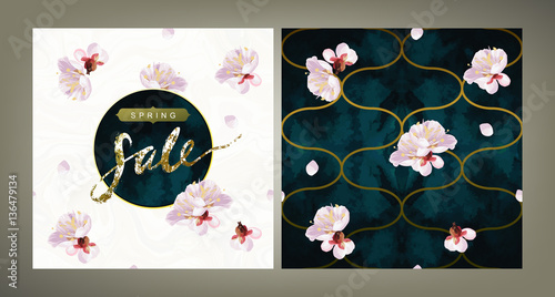 "Spring Sale" flayer template and the same style pattern tile vector set. Textured plum tree flowers and petals on marble background. Sabby gold and emerald velvet texture.