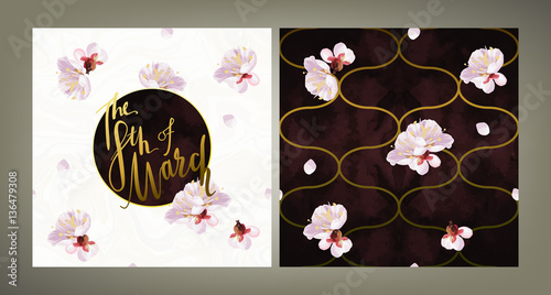 International Women's Day card and the same style pattern tile vector set. Textured plum tree flowers and petals on marble background. Sabby gold and emerald velvet texture.